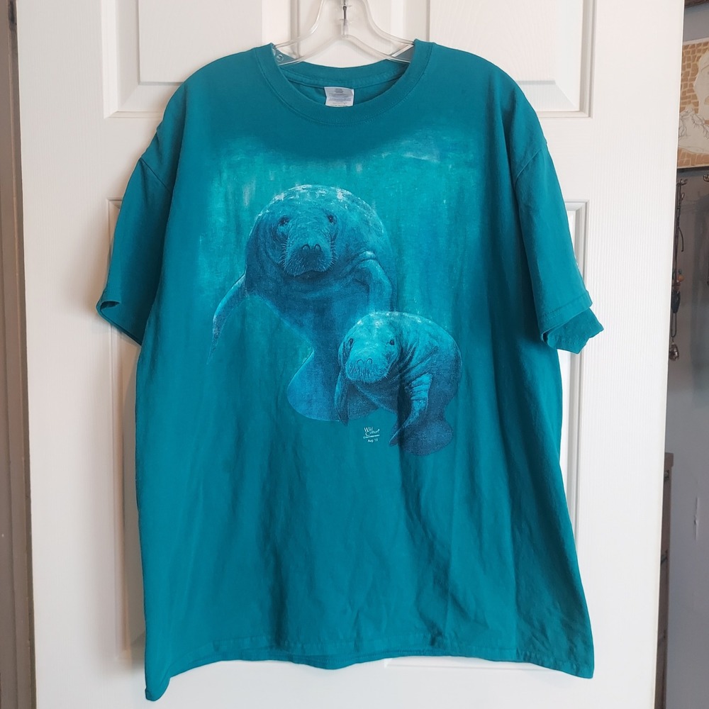 Gildan Wild Cotton Manatee Graphic T-Shirt Teal Blue XL Florida Souvenir 1998